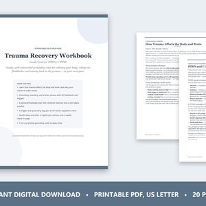 May include: A printable Trauma Recovery Workbook self-help pack featuring a cover page with the title and a list of contents, alongside two interior pages detailing how trauma affects the body and brain, and PTSD and C-PTSD in plain language.