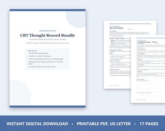 CBT Thought Record Bundle, Cognitive Behavioral Therapy Worksheets (PDF Download)