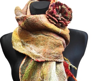 Women Felt Scarf Gift for HER, Wearable ART Felted Shawl, Felted Brooch, Winter Scarf, Women Scarf, Neck scarf