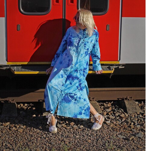 Long Oversized linen shirt Dress , Loose Pleated Tie dye linen shops dress , Long linen button down shirt - dress
