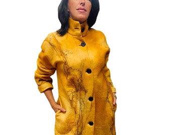 Yellow Wool Coat 60s 70s Vintage Bright Yellow Woven Wool