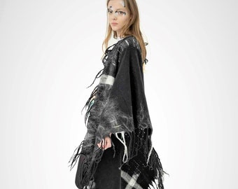 Black Wool Scarf Felted Scarf Black and White Felt Neck Warmer Reversible Winter Scarf Hand Painted Scarf