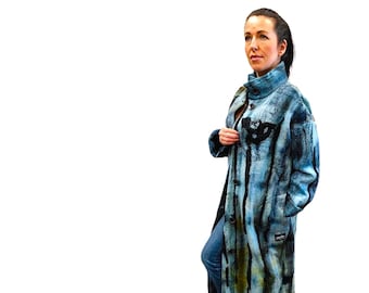 Powder Blue Coat Almost Navy Jacket, Blue WAVES Jacket Felt Coat Wearable Art Gift for Her - Felt Fall Outerwear