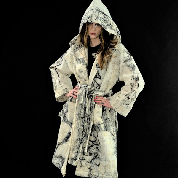 Felted Coat, Long White Coat,Hooded Wool Coat, Wool Coat Women, Felt Coat, Hooded Coat, Bohemian Art