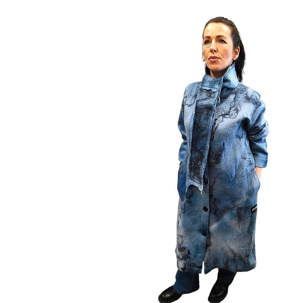 Blue Felted Wool Coat - Elegant Spring Outerwear Gift for Mom, Merino Wool Blue Coat - Stylish Spring Wearable Art for Her