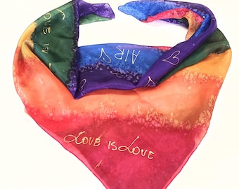 LGBT Pride Scarf Silk Scarf Square silk scarf, Hand Painted Scarf Bandana Rainbow Painting, Love is Love Pride, LGBT Gift