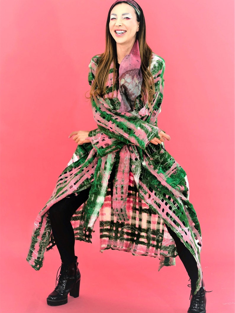 Barbie Pink Open Front Cardigan, CHECKERBOARD Long Striped Sweater, Cardigan Sweater, Olive Green Wool Coat.