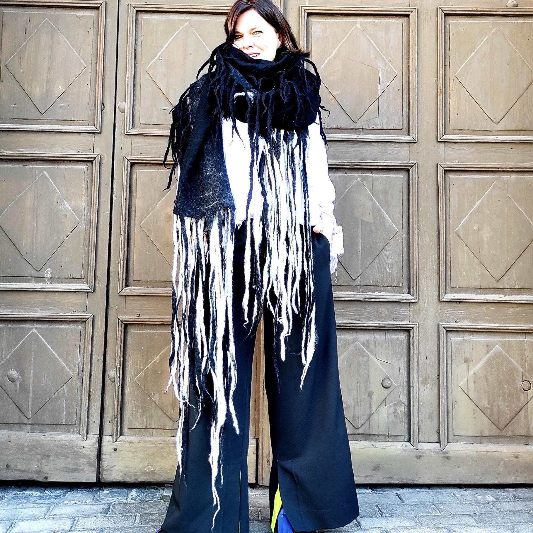 Black and White Felted Scarf Wool shawl, Scarf Blanket Felted, Merino Wool Scarf Wrap Christmas Gift for Girlfriend, Unisex Scarf Wrap