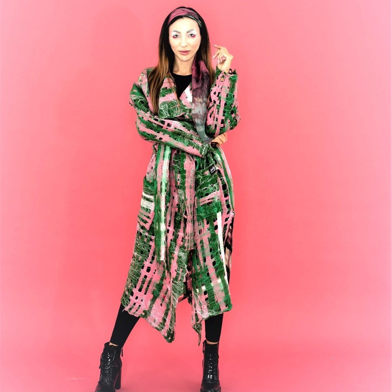 Barbie Pink Open Front Cardigan, CHECKERBOARD Long Striped Sweater, Cardigan Sweater, Olive Green Wool Coat.