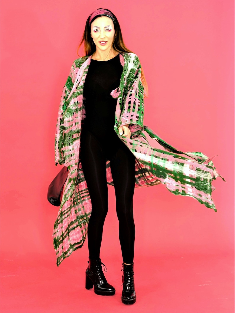 Barbie Pink Open Front Cardigan, CHECKERBOARD Long Striped Sweater, Cardigan Sweater, Olive Green Wool Coat.