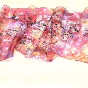 Women Silk Scarf, Hand-Painted Silk Scarf with FACEs, Silk Hair Scarf, Long Silk Scarf, Unique Christmas Gift for Her/Mom, Wearable Art image 7