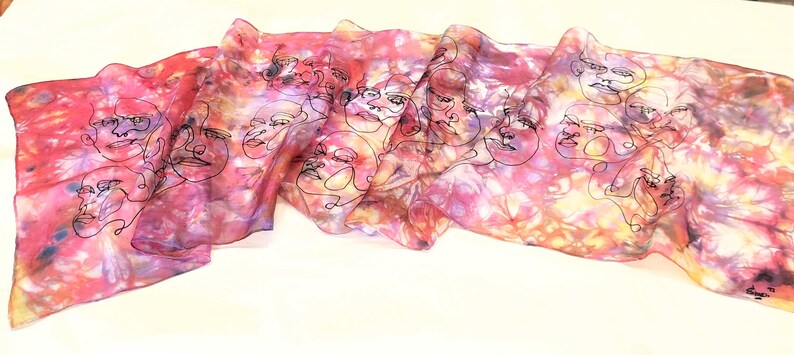 Women Silk Scarf, Hand-Painted Silk Scarf with FACEs, Silk Hair Scarf, Long Silk Scarf, Unique Christmas Gift for Her/Mom, Wearable Art image 7