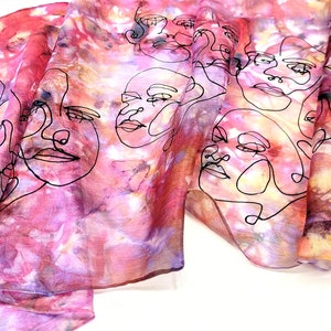 Women Silk Scarf, Hand-Painted Silk Scarf with FACEs, Silk Hair Scarf, Long Silk Scarf, Unique Christmas Gift for Her/Mom, Wearable Art image 6