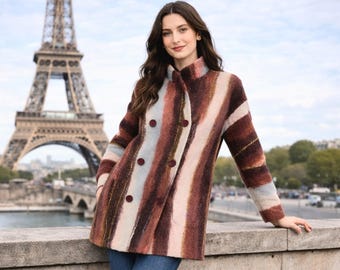 Red Felted Coat Stand Up Collar Wool Bomber Jacket Paris, Handmade Merino Wool Color Block Jacket, Felt Artwear, Soft Jacket