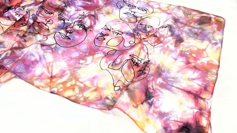 Women Silk Scarf, Hand-Painted Silk Scarf with FACEs, Silk Hair Scarf, Long Silk Scarf, Unique Christmas Gift for Her/Mom, Wearable Art image 5