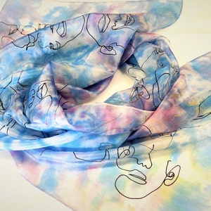 Women Silk Scarf, Hand-Painted Silk Scarf with FACEs, Silk Hair Scarf, Long Silk Scarf, Unique Christmas Gift for Her/Mom, Wearable Art image 8