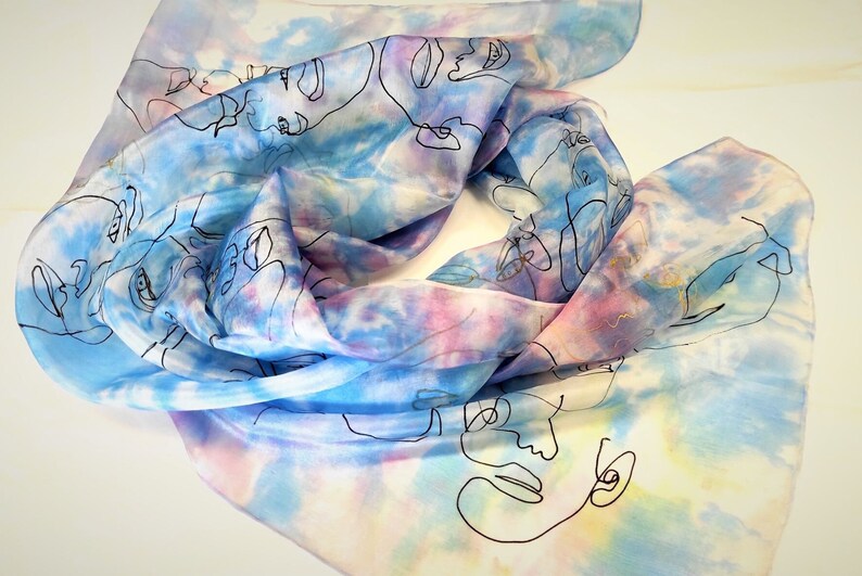 Women Silk Scarf, Hand-Painted Silk Scarf with FACEs, Silk Hair Scarf, Long Silk Scarf, Unique Christmas Gift for Her/Mom, Wearable Art image 8