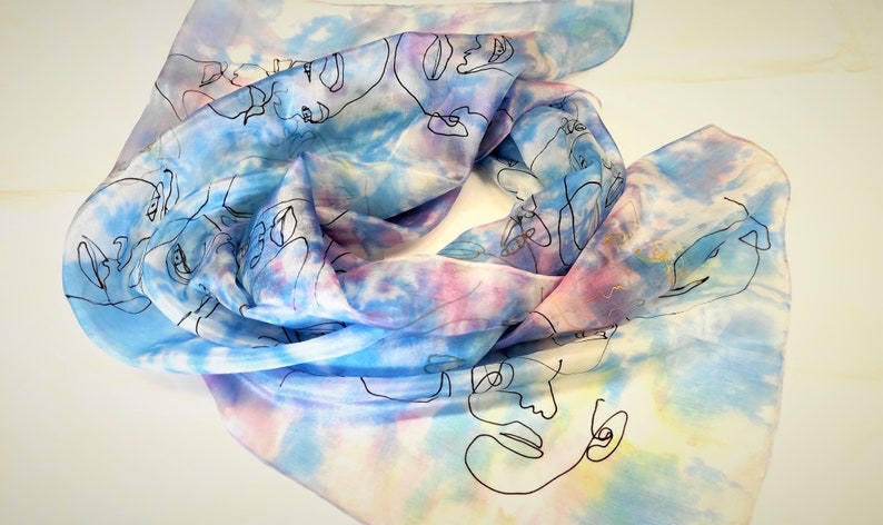Blue Scarf, Hand painted scarf, Silk Scarf, Long Silk Scarf, Women silk scarf, hair accessories, Gifts For Her, Hand painted silk, Gift for her