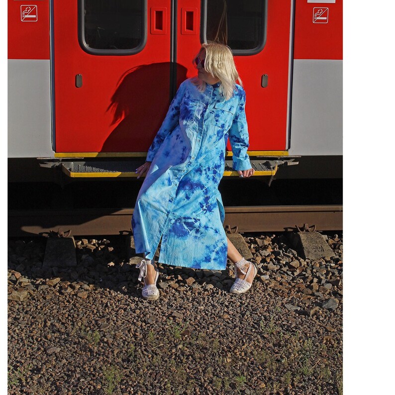 Long Oversized linen shirt Dress , Loose Pleated Tie dye linen shops dress , Long linen button down shirt - dress