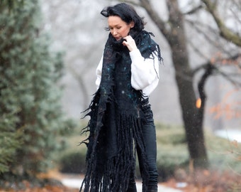 Black Felted Scarf Women - Shawl with Long Tassels - Winter Scarf - Modern Women&#39;s Wearable Art Valentine Gift for Her
