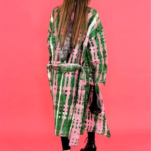 Barbie Pink Open Front Cardigan, CHECKERBOARD Long Striped Sweater, Cardigan Sweater, Olive Green Wool Coat.