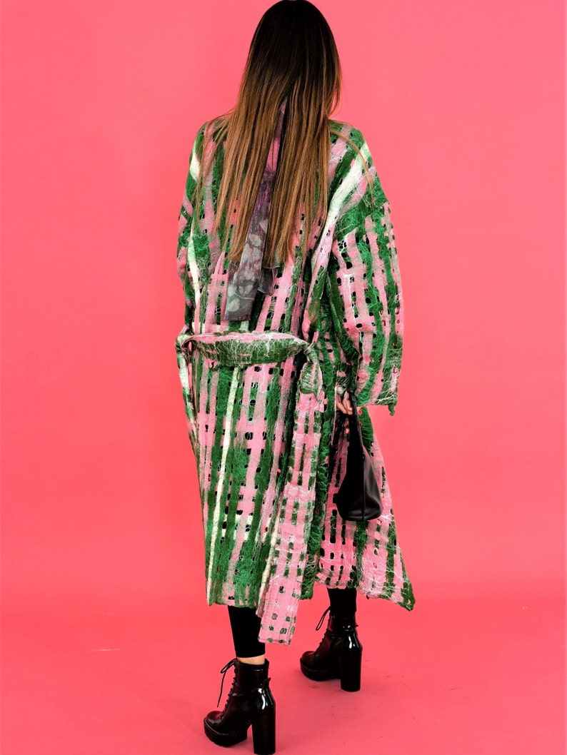 Barbie Pink Open Front Cardigan, CHECKERBOARD Long Striped Sweater, Cardigan Sweater, Olive Green Wool Coat.