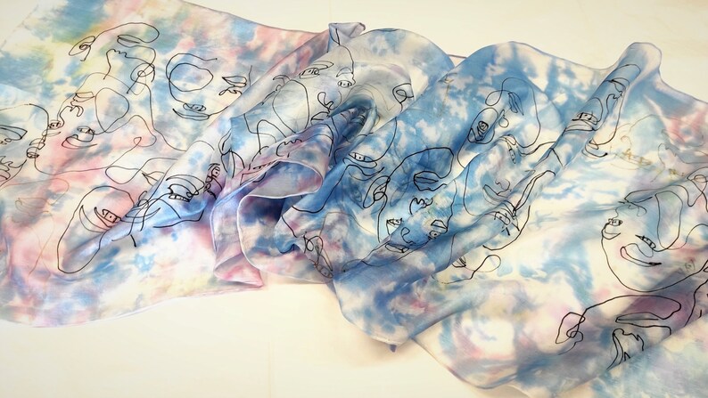 Blue Scarf, Hand painted scarf, Silk Scarf, Long Silk Scarf, Women silk scarf, hair accessories, Gifts For Her, Hand painted silk, Gift for her