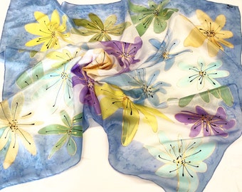 Powder Blue Floral Silk Scarf, Buttery Yellow Sunflowers, Hand Painted Scarf, Head Scarf Silk, Olive Green Silk Scarf