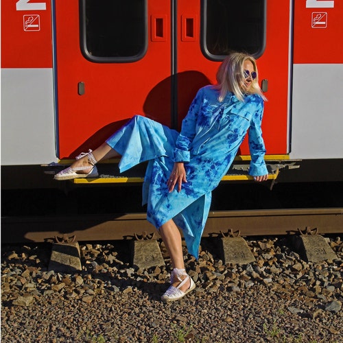 Long Oversized linen shirt Dress , Loose Pleated Tie dye linen shops dress , Long linen button down shirt - dress