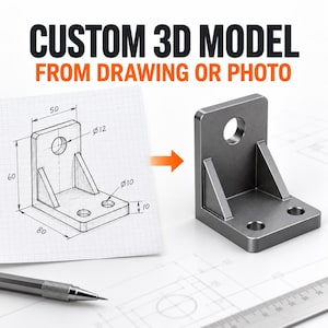 Può includere: Un disegno tecnico su carta millimetrata mostra una staffa metallica a L con dimensioni 50, 60, 80, 10 e diametri 12 e 10, accanto a una staffa metallica grigia e una matita. Il testo recita: CUSTOM 3D MODEL FROM DRAWING OR PHOTO.