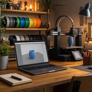 May include: A laptop displaying a 3D model of a blue spiral vase on its screen, positioned on a wooden desk next to a 3D printer actively printing an identical blue vase. Shelves in the background hold rows of colourful 3D printing filament spools.