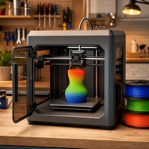 May include: A dark grey 3D printer with an open glass door, featuring a rainbow-coloured, spiral-patterned vase on the print bed. A stack of three filament spools in blue, green, and orange sits to the right of the machine on a wooden surface.