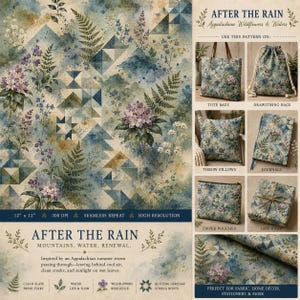 May include: A digital fabric pattern titled After The Rain featuring a watercolor design of ferns, wildflowers, and geometric quilt blocks in shades of blue, green, and cream. The image displays examples of the pattern on tote bags, pillows, and journals.