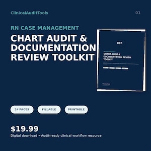 Könnte beinhalten: Ein digitales Dokument mit dem Titel RN CASE MANAGEMENT CHART AUDIT & DOCUMENTATION REVIEW TOOLKIT von ClinicalAuditTools. Das dunkelblaue Cover enthält den Text CAT, 24 PAGES, FILLABLE und PRINTABLE. Ressource für klinische Arbeitsabläufe.