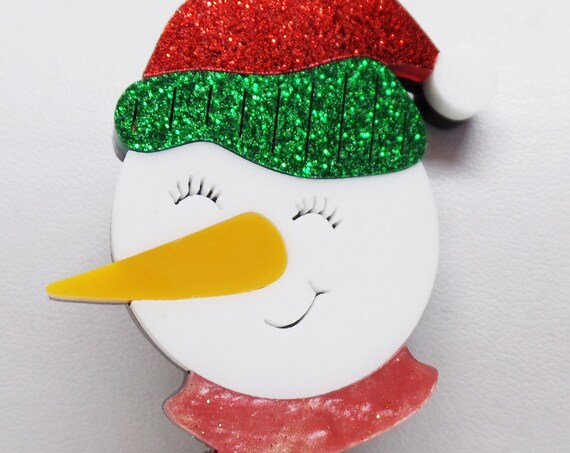 Adorable Acrylic Snowman Santa Holiday Brooch