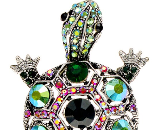 Gorgeous Green Aurora Borelis Crystal Turtle Brooch