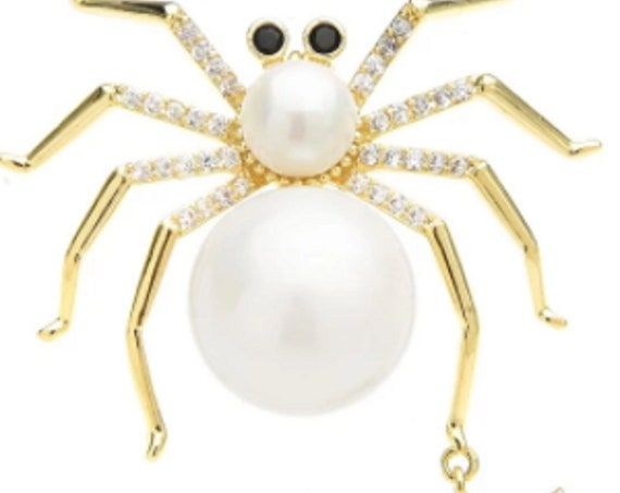 Gorgeous Pearl and CZ Mommy and Baby Spider Brooch