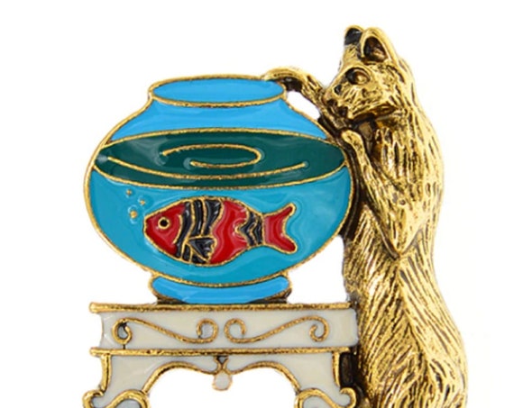 Adorable Enamel Cat Looking into Fishbowl Brooch Pendant