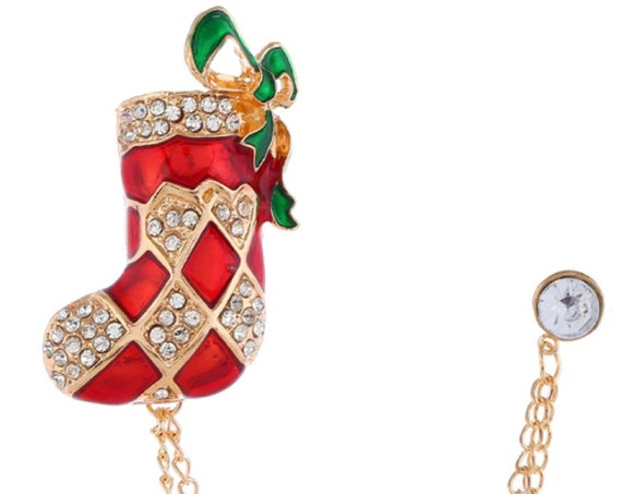 Adorable Crystal Santa Stocking Double Holiday Brooch!