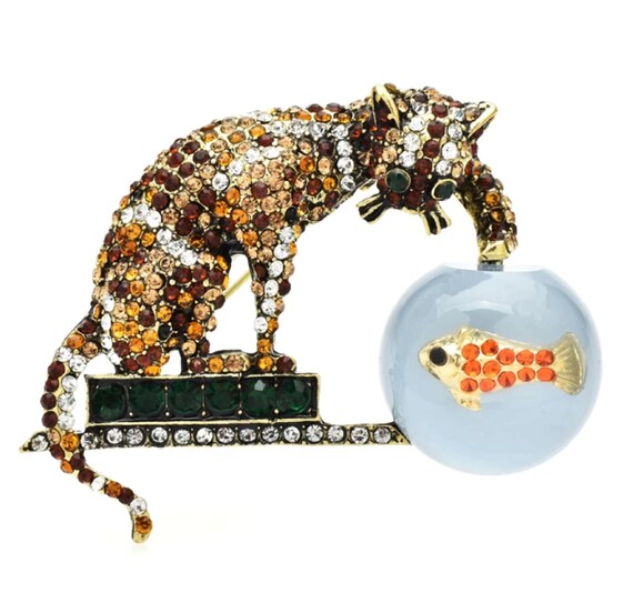 Fabulous Crystal Tabby Cat Dipping Paw in Fish Bowl Brooch Pin