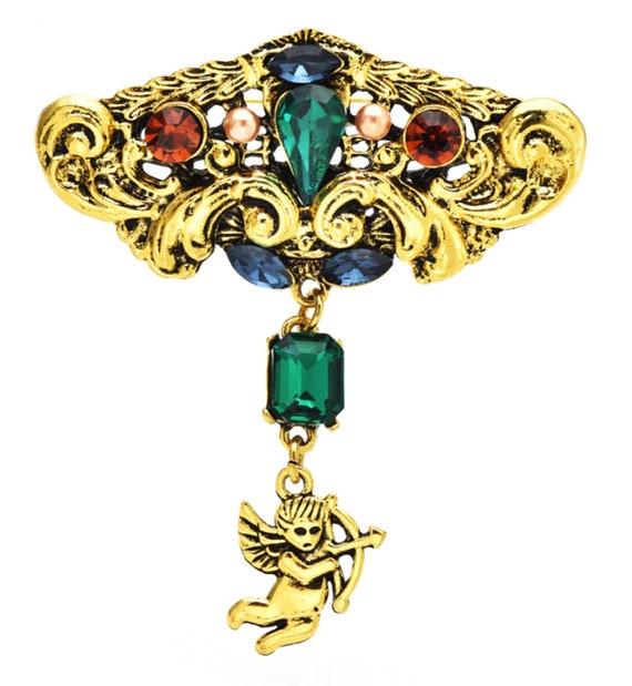 Lovely Art Nouveau Inspired Enamel & Crystal Cherub Angel Brooch