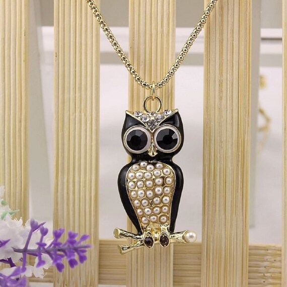 Adorable Black Enamel, Crystal , & Pearl Owl Pendant Necklace