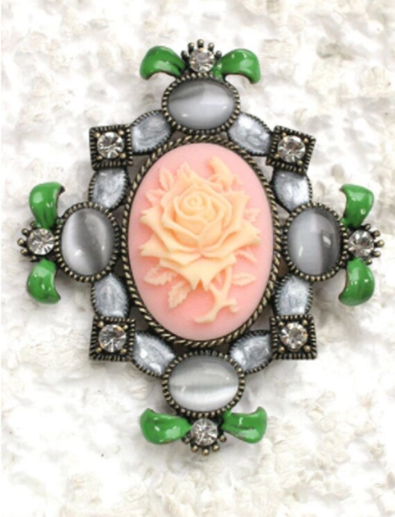 Gorgeous Crystal Cabochon Floral Cameo Maltese Cross Brooch