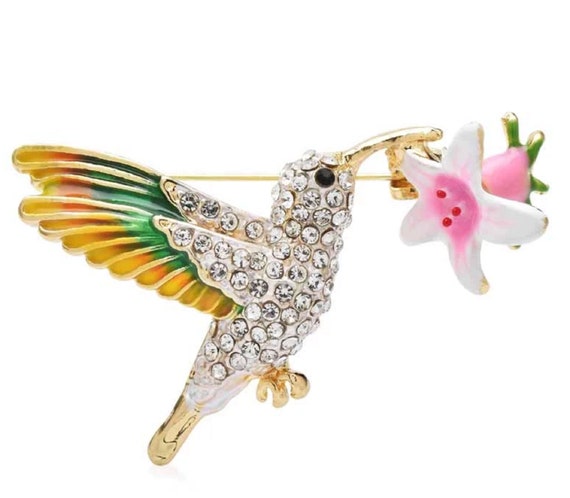 Lovely Enamel & Crystal Hummingbird Brooch Pin