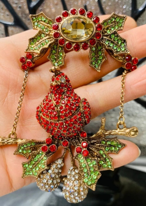 Stunning Large Red Crystal Cardinal on Holly Branch Brooch Pin
