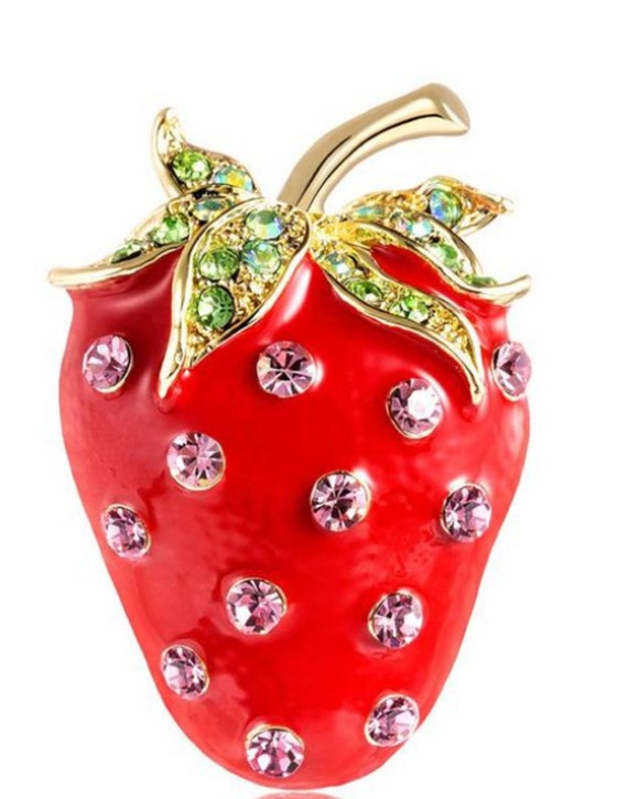 Adorable Red & Pink Crystal Strawberry Fruit Pin