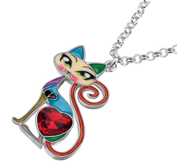 AdorableMulitcolor Enamel & Crystal Cat Necklace