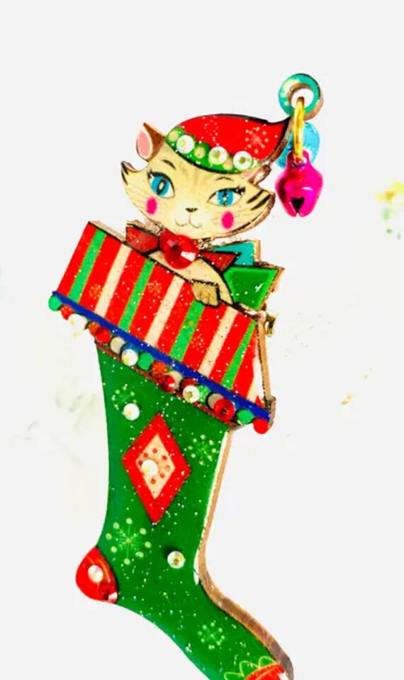 Rosie Rose Parker Cat in Christmas Stocking Retro Acrylic Brooch Pin