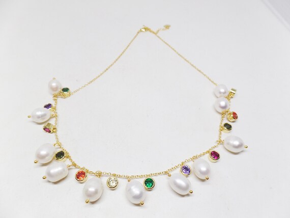 Lovely Freshwater Pearl & Rainbow CZ Drop Necklace