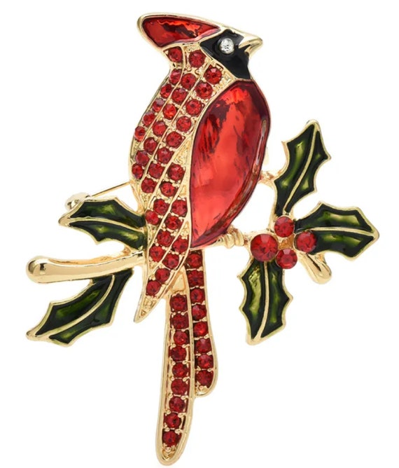 Lovely Red Enamel and Crystal Cardinal on Holly Branch Brooch Pin